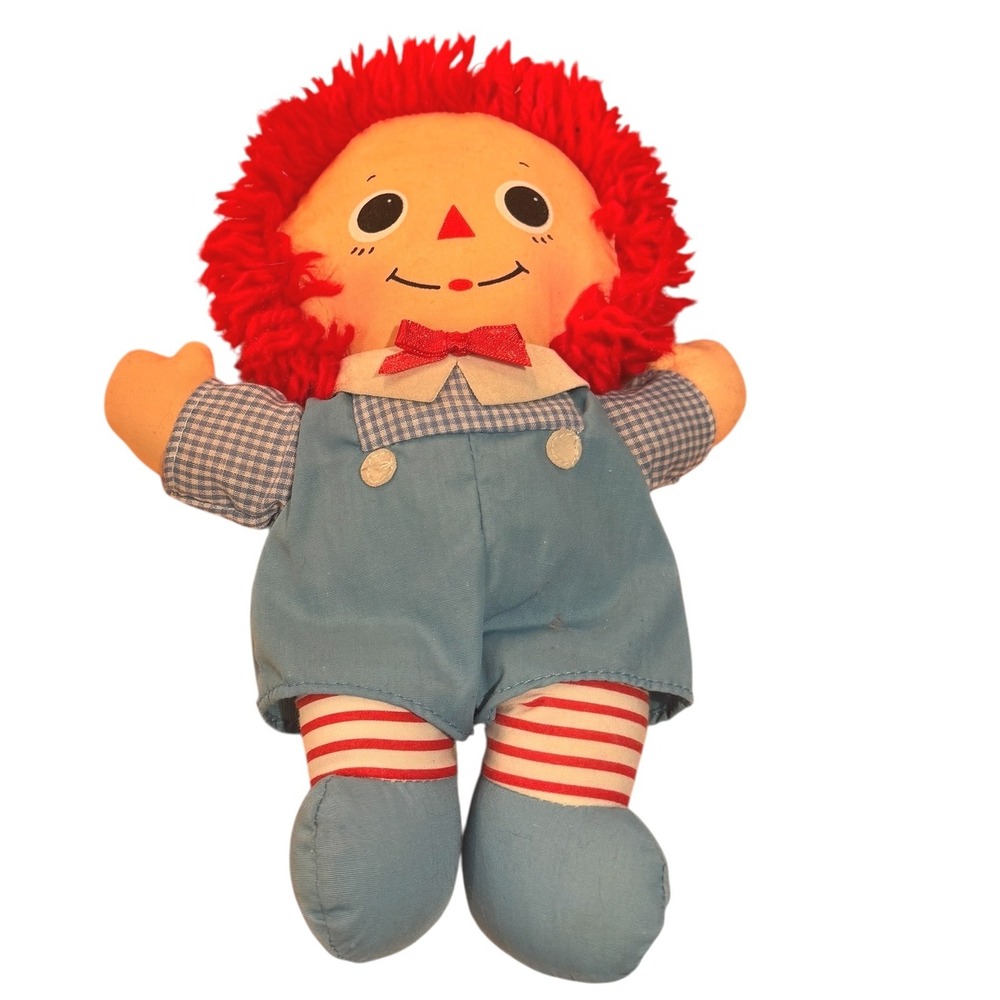 Vintage Raggedy Andy Plush Doll Red Yarn Hair Blue Gingham Outfit 9.5"